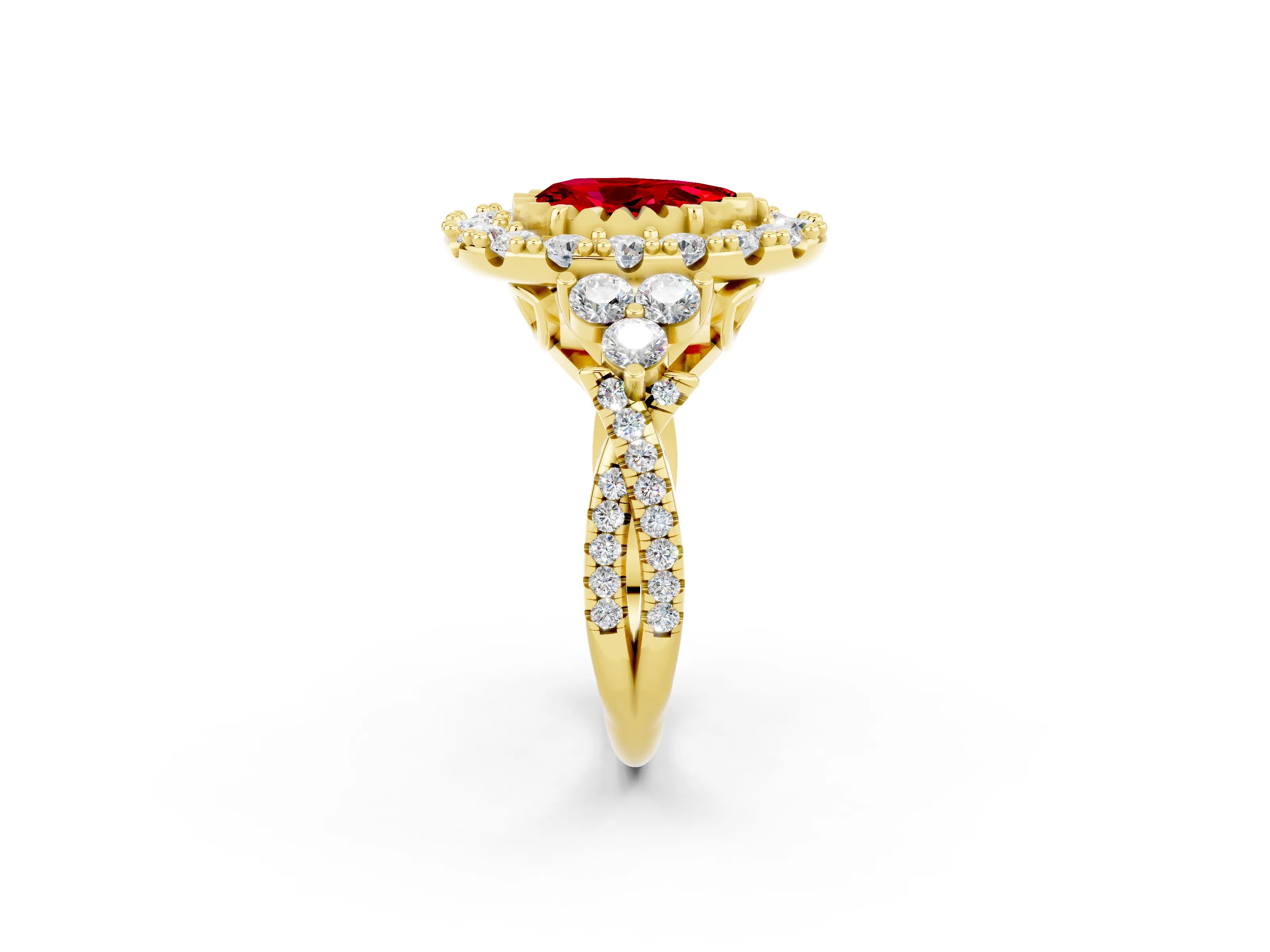 Yellow gold Pear Cut Ruby Halo Ring with Pavé Band and Four-Prong Setting_14