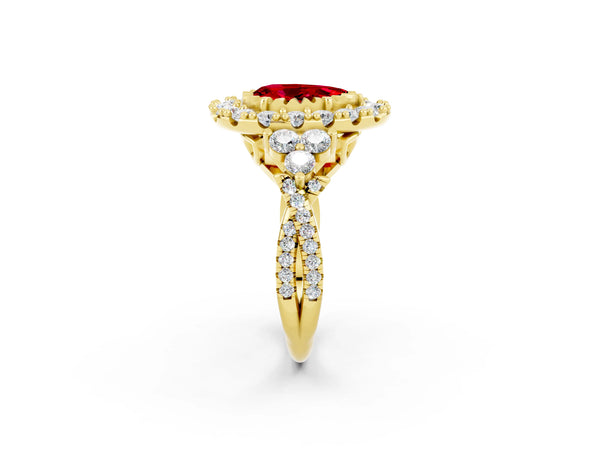 Yellow gold Pear Cut Ruby Halo Ring with Pavé Band and Four-Prong Setting