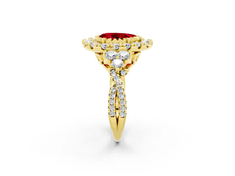 Yellow gold Pear Cut Ruby Halo Ring with Pavé Band and Four-Prong Setting_14