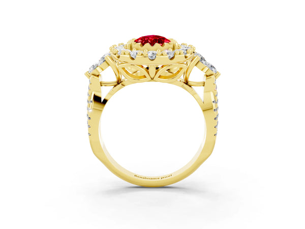 Yellow gold Pear Cut Ruby Halo Ring with Pavé Band and Four-Prong Setting