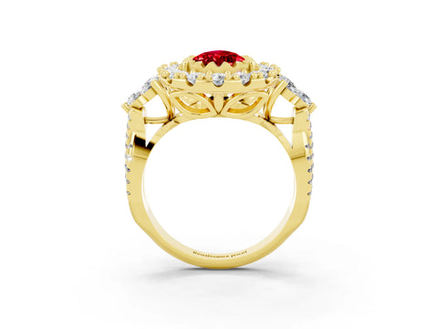 Yellow gold Pear Cut Ruby Halo Ring with Pavé Band and Four-Prong Setting_15