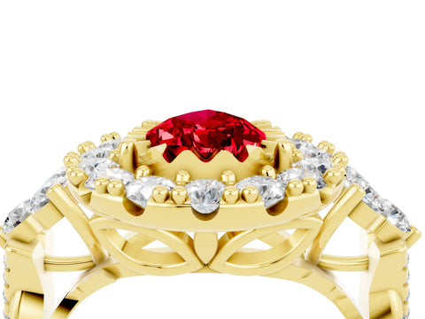 Yellow gold Pear Cut Ruby Halo Ring with Pavé Band and Four-Prong Setting_16