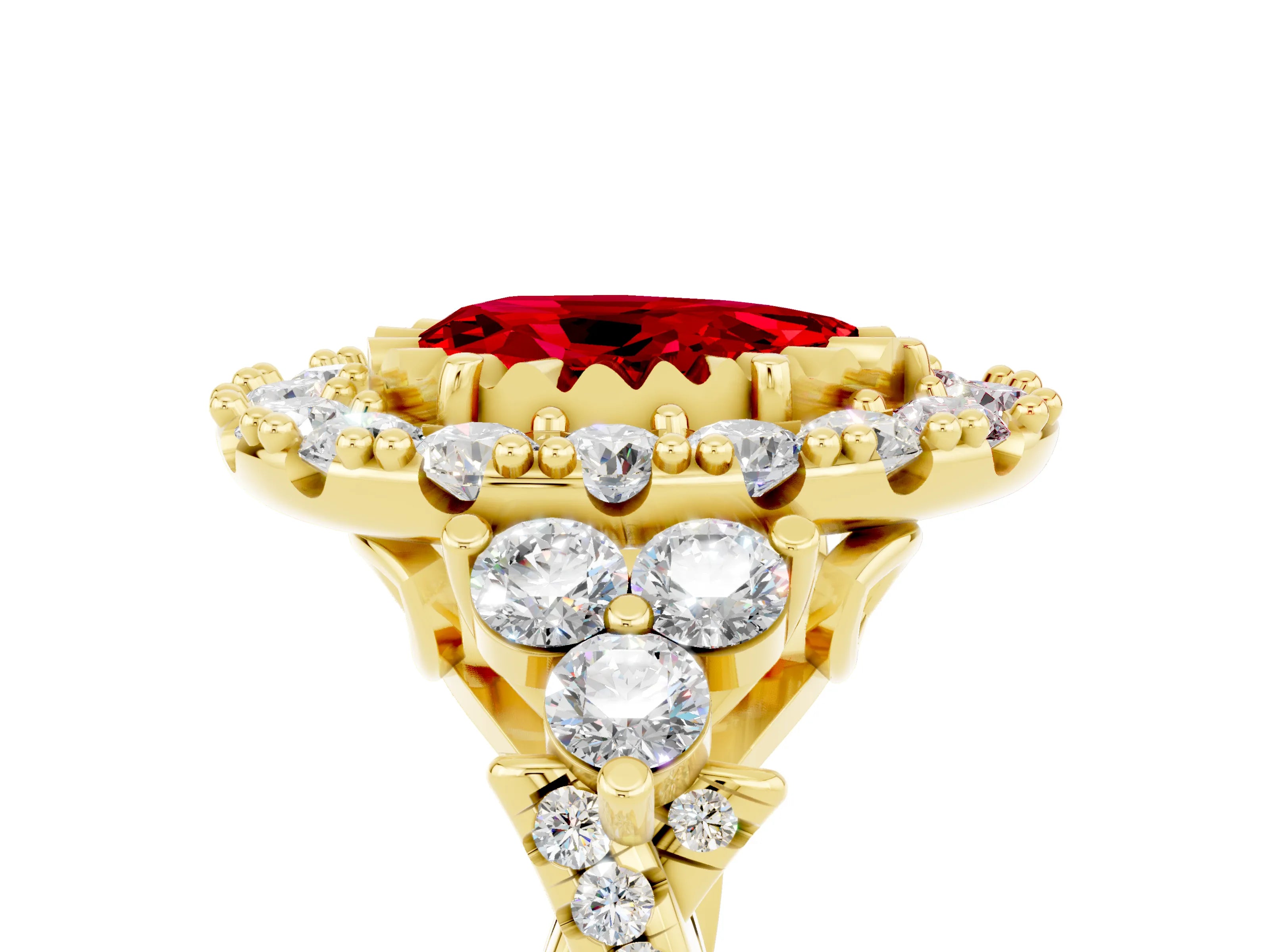 Yellow gold Pear Cut Ruby Halo Ring with Pavé Band and Four-Prong Setting_17