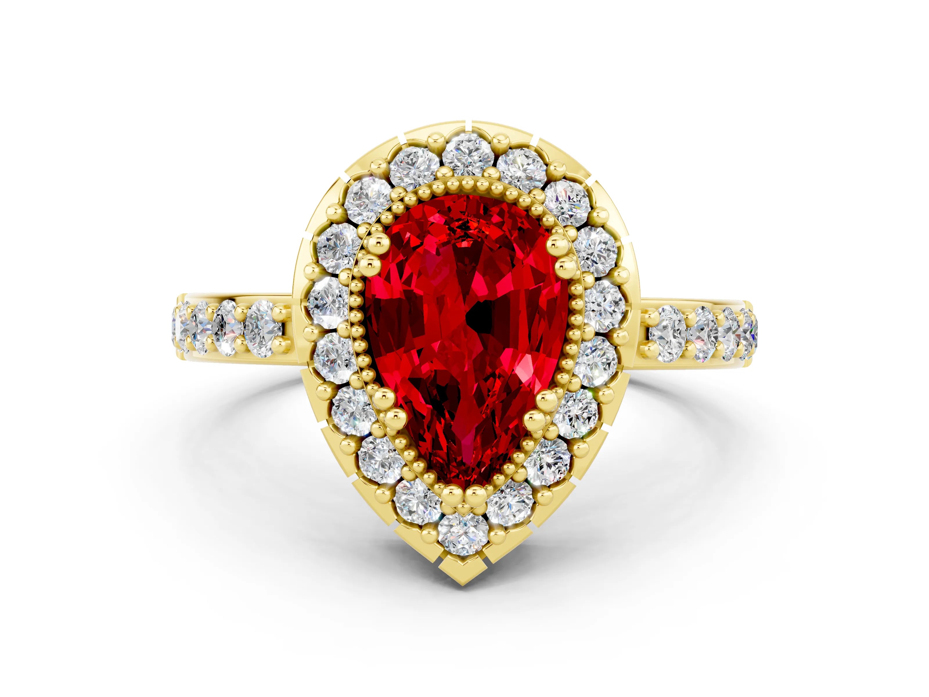Yellow gold Pear Cut Ruby Halo Ring with Pavé Band and Prong Setting