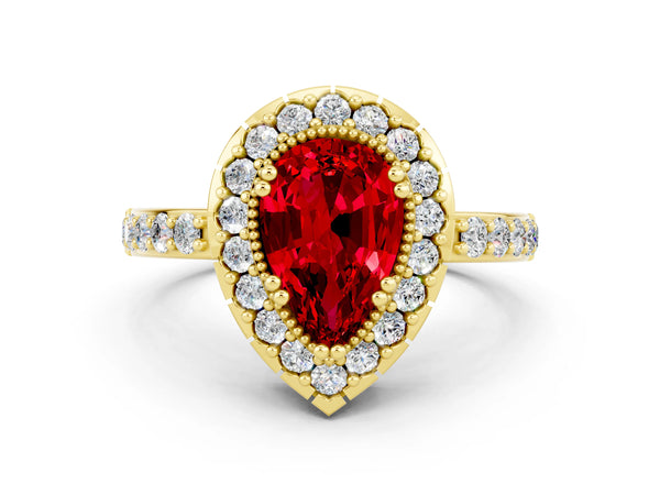 Yellow gold Pear Cut Ruby Halo Ring with Pavé Band and Prong Setting