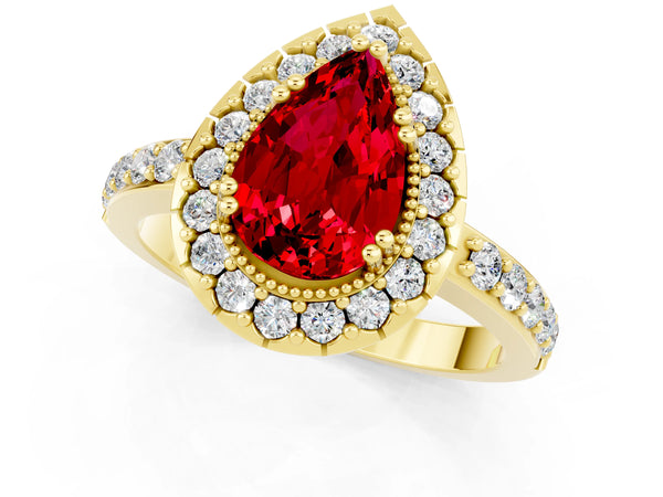 Yellow gold Pear Cut Ruby Halo Ring with Pavé Band and Prong Setting