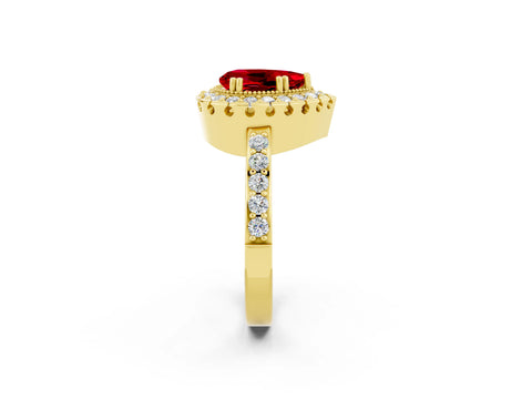 Yellow gold Pear Cut Ruby Halo Ring with Pavé Band and Prong Setting_2