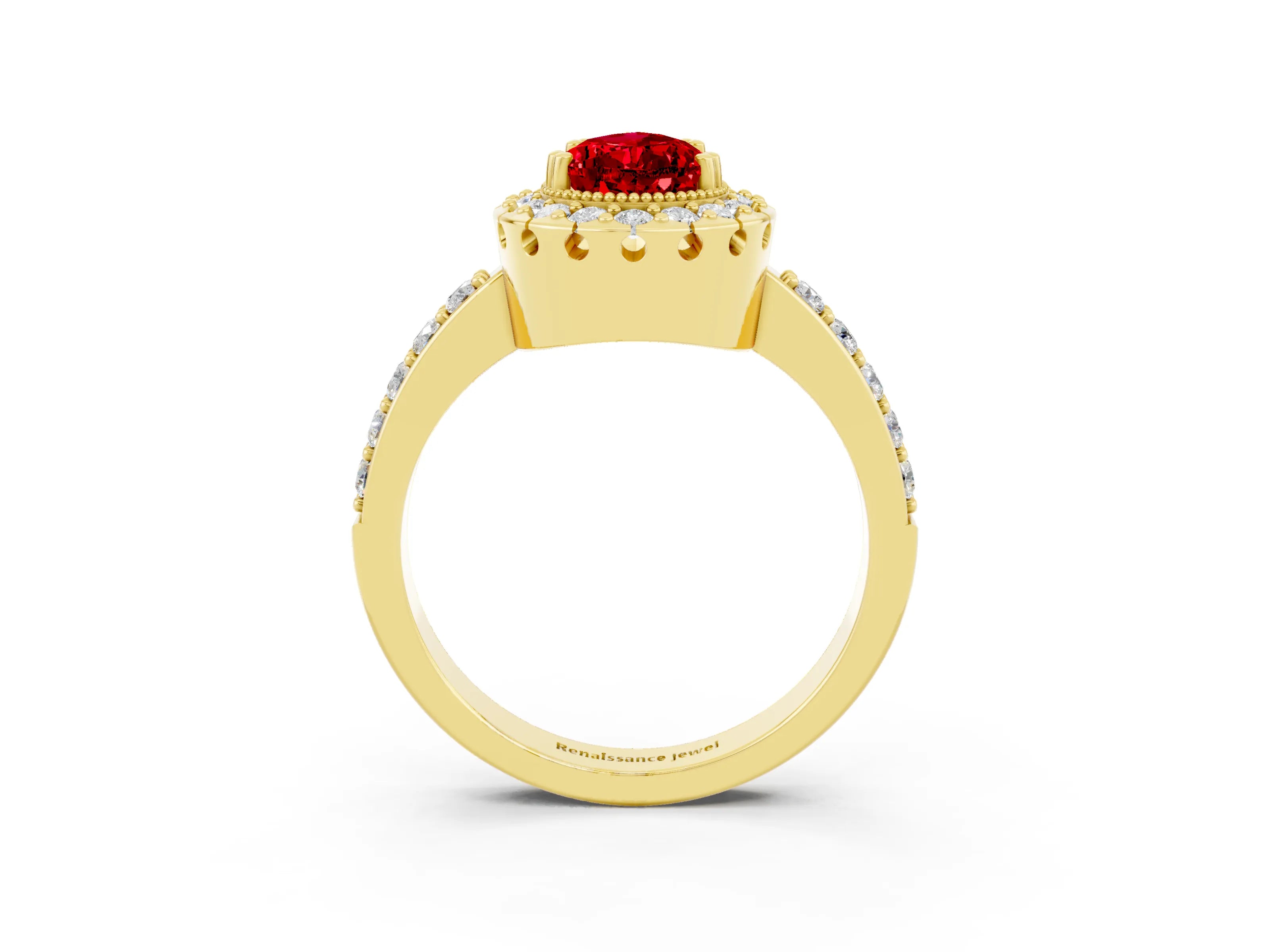 Yellow gold Pear Cut Ruby Halo Ring with Pavé Band and Prong Setting_3