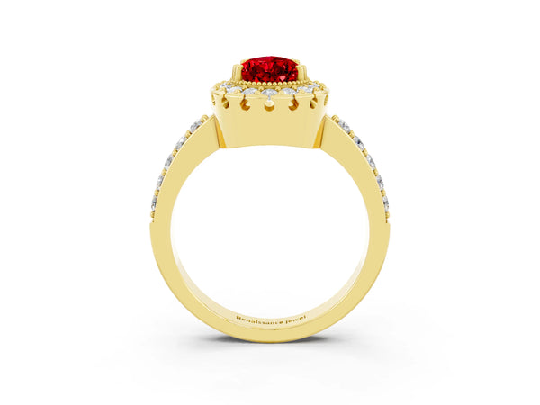 Yellow gold Pear Cut Ruby Halo Ring with Pavé Band and Prong Setting