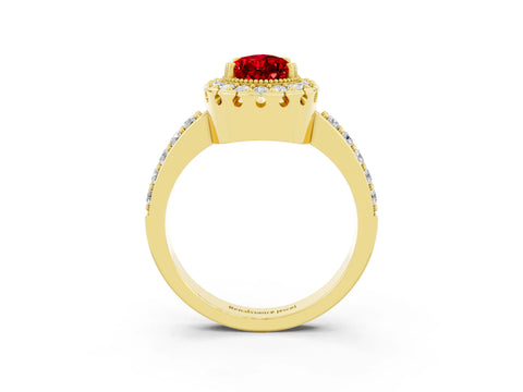 Yellow gold Pear Cut Ruby Halo Ring with Pavé Band and Prong Setting_3