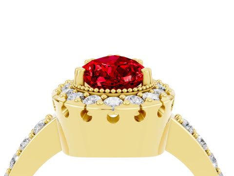 Yellow gold Pear Cut Ruby Halo Ring with Pavé Band and Prong Setting_4