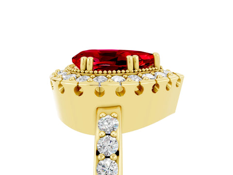 Yellow gold Pear Cut Ruby Halo Ring with Pavé Band and Prong Setting_5