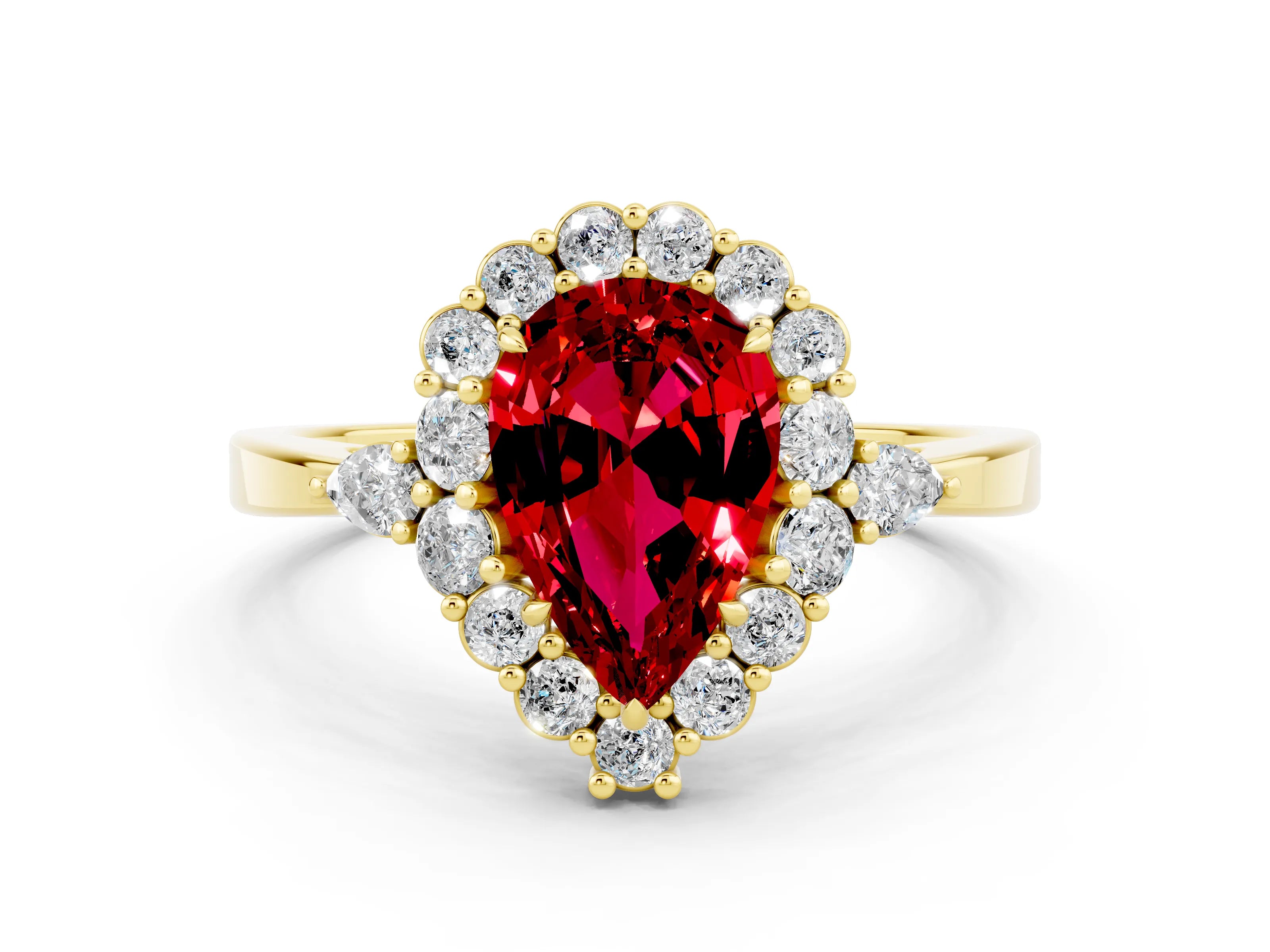 Yellow gold Pear Cut Ruby Halo Ring with Pear Side Stones and Prong Setting_12