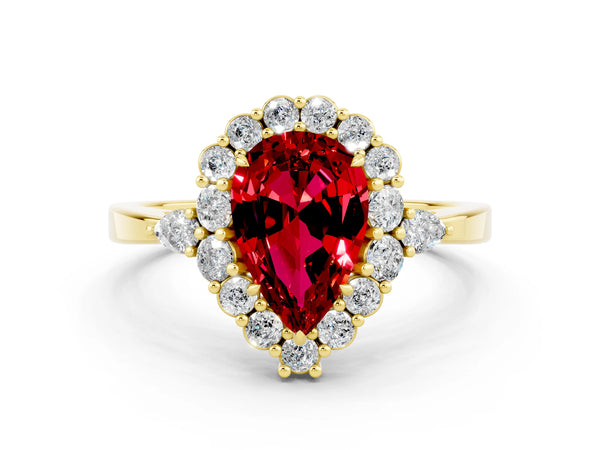 Yellow gold Pear Cut Ruby Halo Ring with Pear Side Stones and Prong Setting