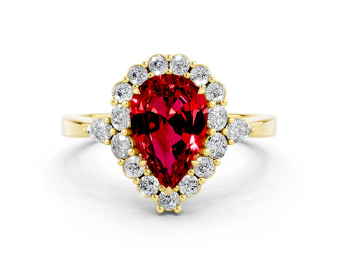 Yellow gold Pear Cut Ruby Halo Ring with Pear Side Stones and Prong Setting_12