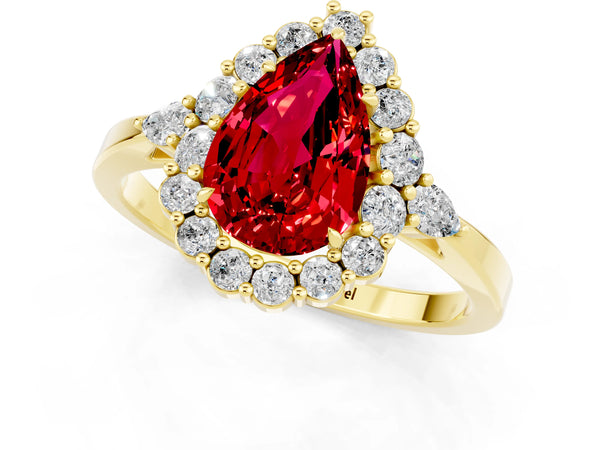 Yellow gold Pear Cut Ruby Halo Ring with Pear Side Stones and Prong Setting