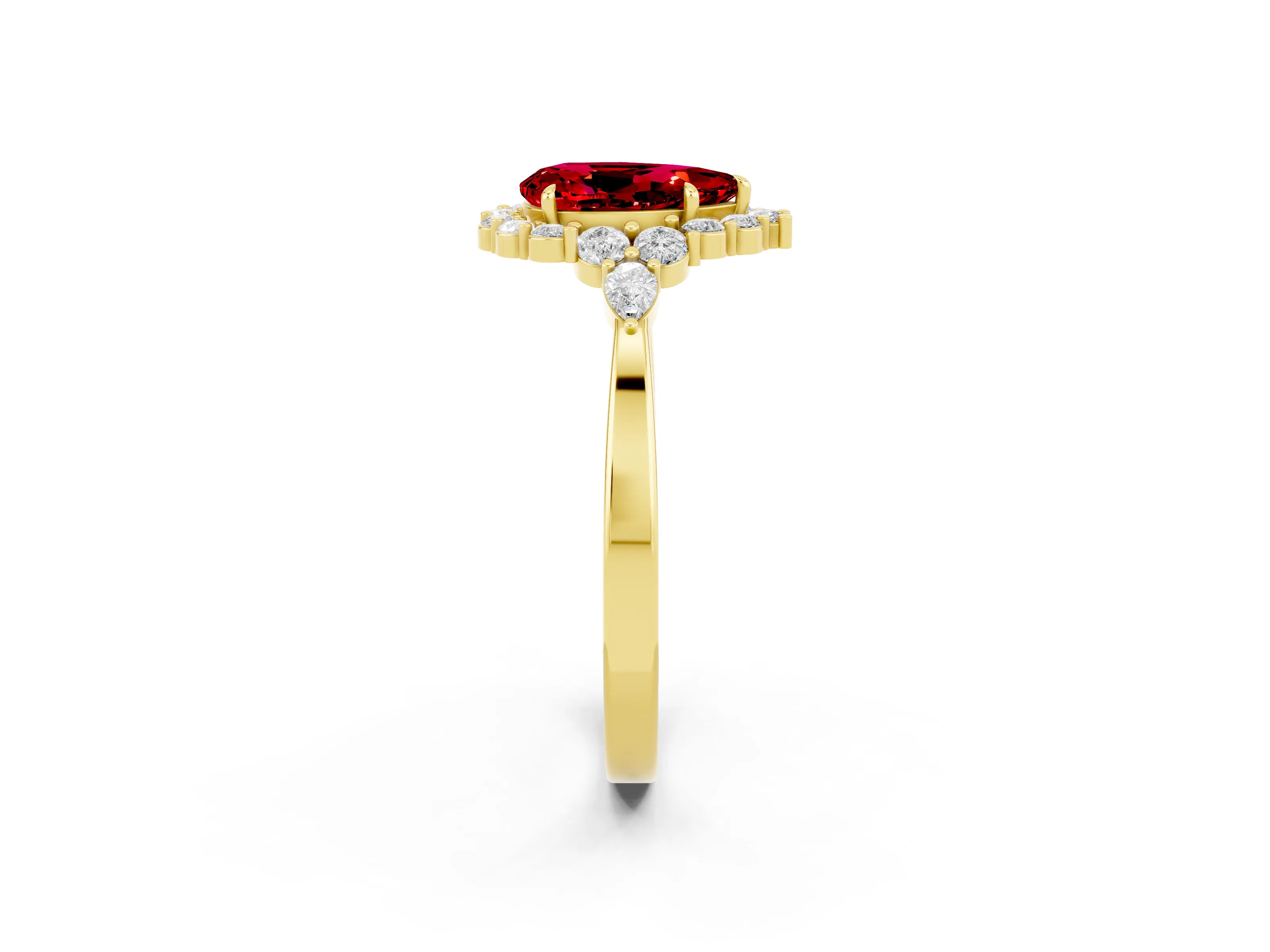 Yellow gold Pear Cut Ruby Halo Ring with Pear Side Stones and Prong Setting_14