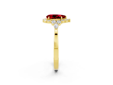 Yellow gold Pear Cut Ruby Halo Ring with Pear Side Stones and Prong Setting_14