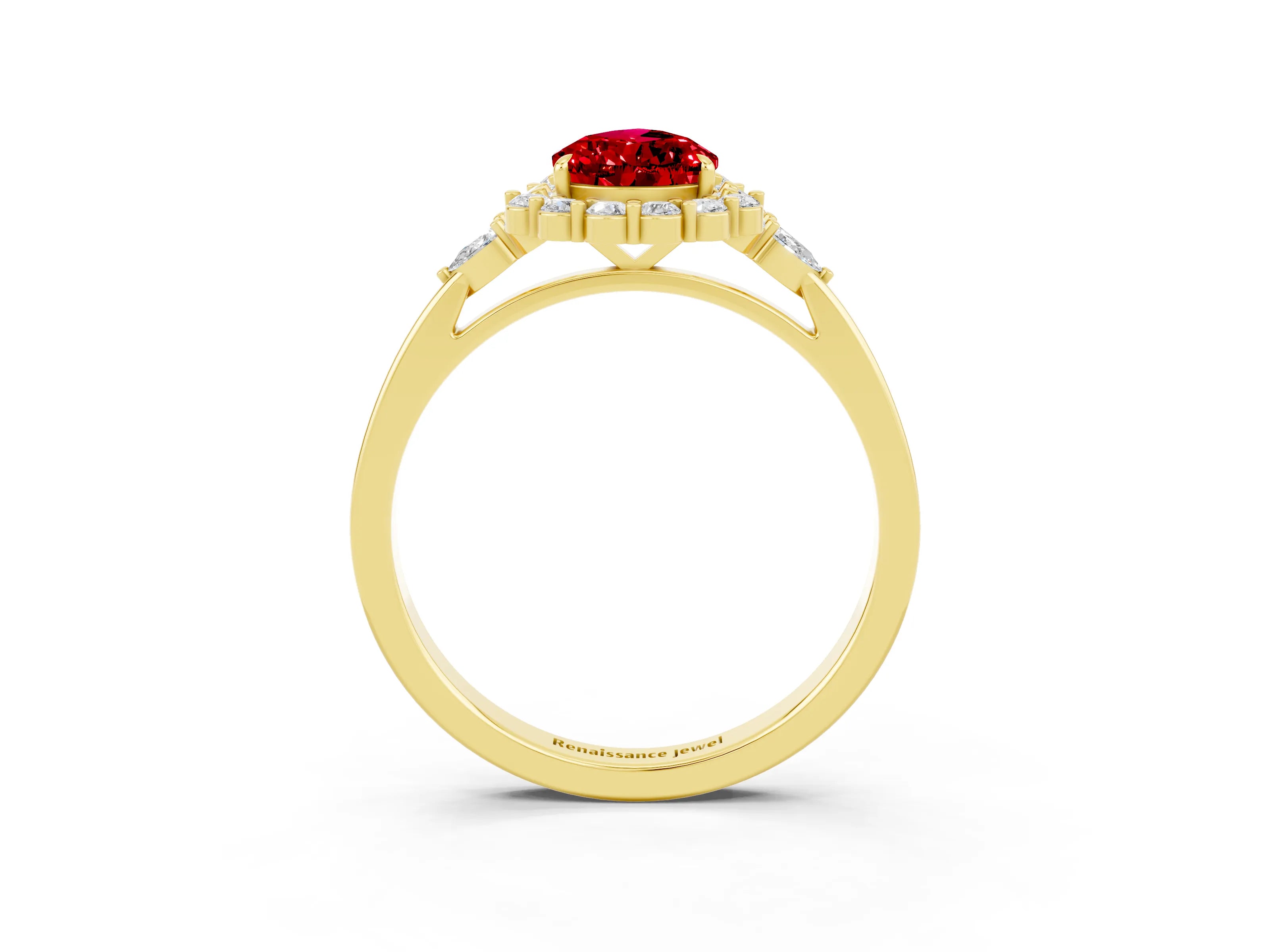 Yellow gold Pear Cut Ruby Halo Ring with Pear Side Stones and Prong Setting_15