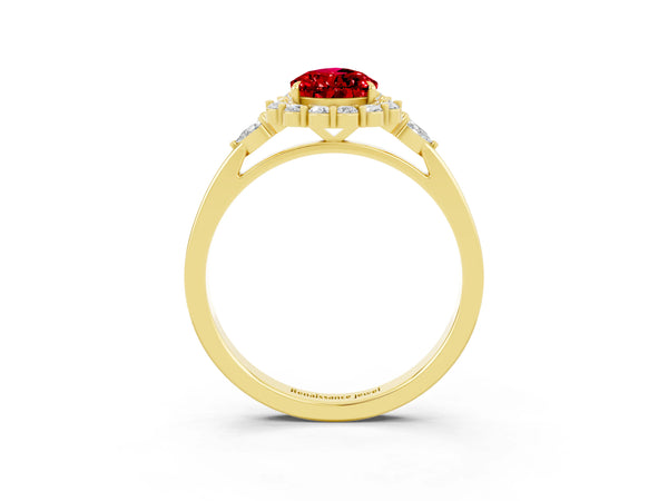 Yellow gold Pear Cut Ruby Halo Ring with Pear Side Stones and Prong Setting