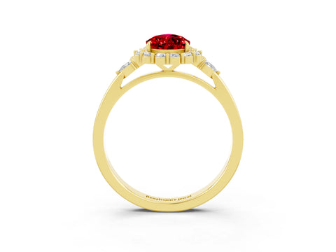 Yellow gold Pear Cut Ruby Halo Ring with Pear Side Stones and Prong Setting_15