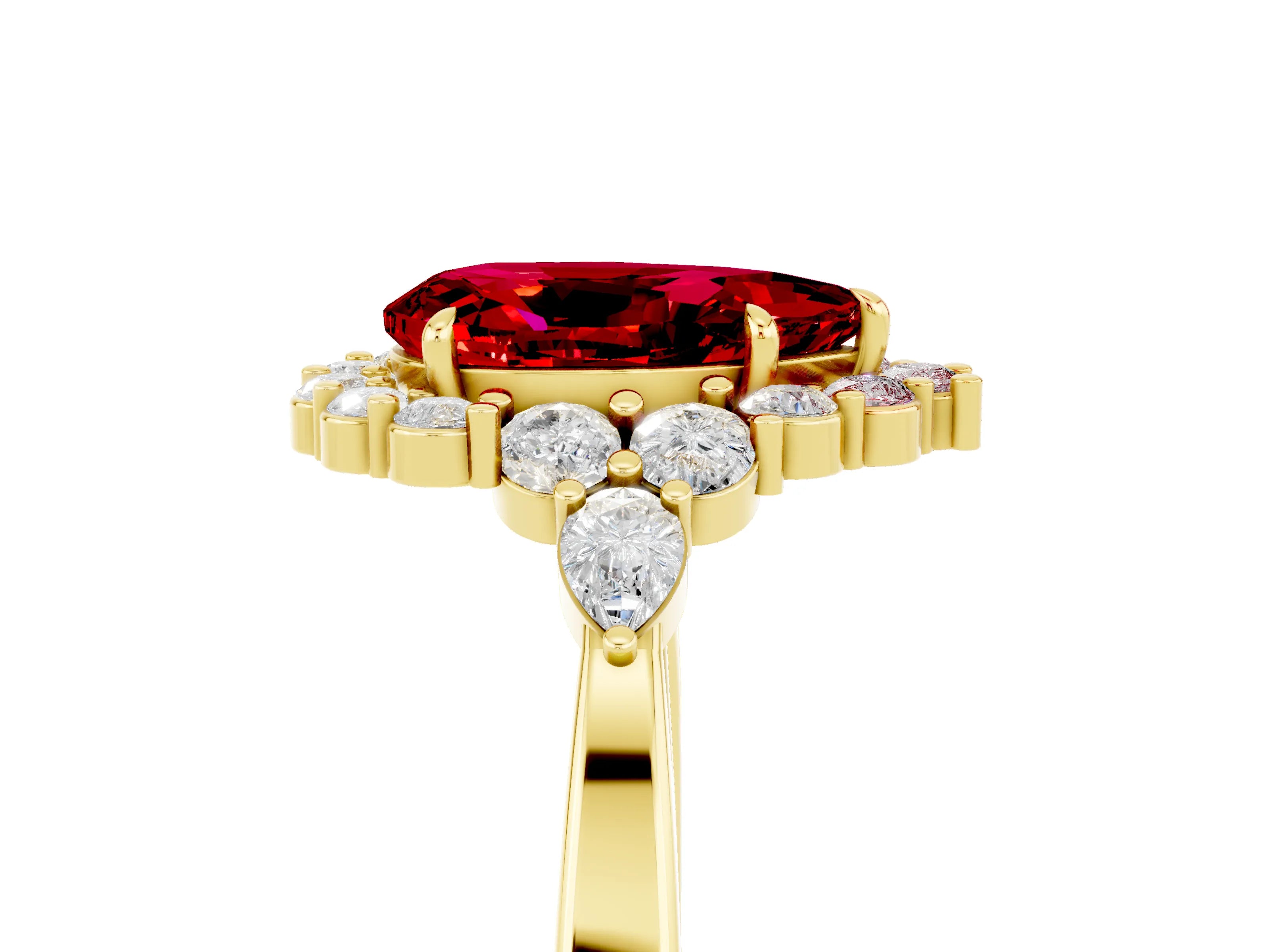 Yellow gold Pear Cut Ruby Halo Ring with Pear Side Stones and Prong Setting_17