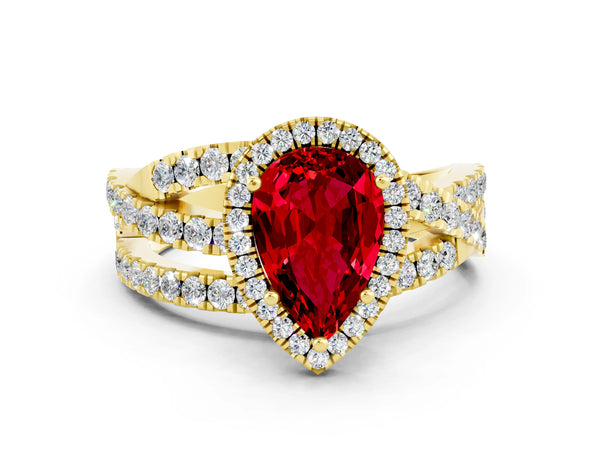 Yellow gold Pear Cut Ruby Halo Ring with Round Split Shank and Prong Setting