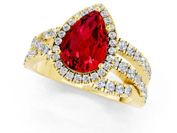 Yellow gold Pear Cut Ruby Halo Ring with Round Split Shank and Prong Setting