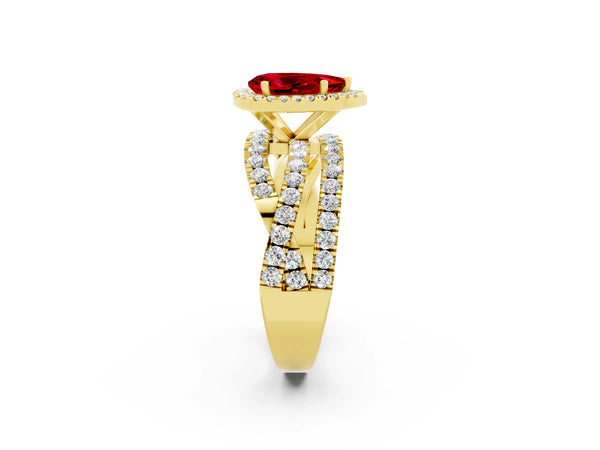 Yellow gold Pear Cut Ruby Halo Ring with Round Split Shank and Prong Setting