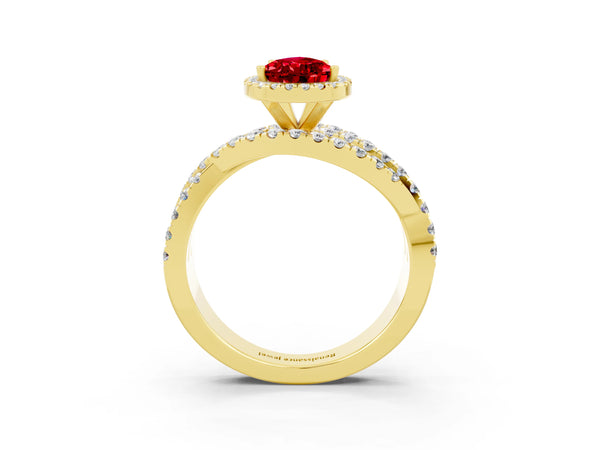 Yellow gold Pear Cut Ruby Halo Ring with Round Split Shank and Prong Setting