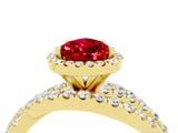 Yellow gold Pear Cut Ruby Halo Ring with Round Split Shank and Prong Setting_28