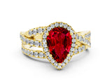Yellow gold Pear Cut Ruby Halo Ring with Round Split Shank and Prong Setting_60