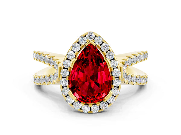Yellow gold Pear Cut Ruby Halo Ring with Split Shank Pavé Band and Prong Setting