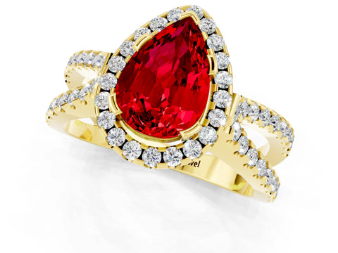 Yellow gold Pear Cut Ruby Halo Ring with Split Shank Pavé Band and Prong Setting_1