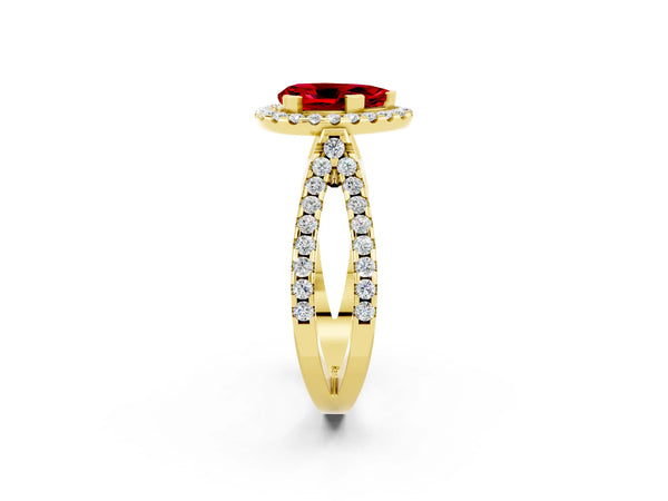 Yellow gold Pear Cut Ruby Halo Ring with Split Shank Pavé Band and Prong Setting