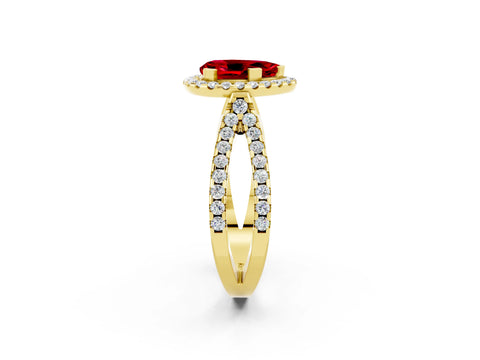 Yellow gold Pear Cut Ruby Halo Ring with Split Shank Pavé Band and Prong Setting_2