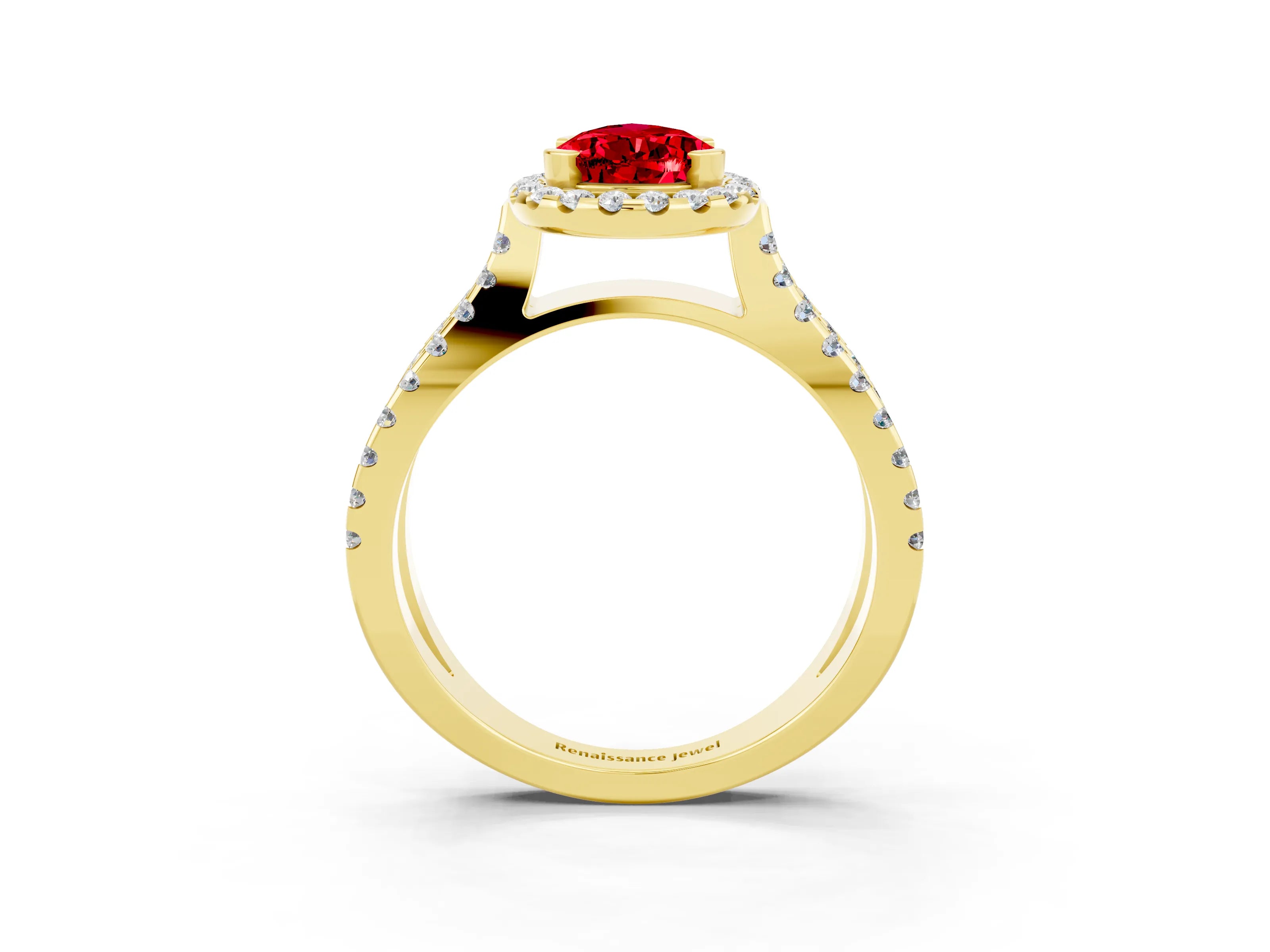 Yellow gold Pear Cut Ruby Halo Ring with Split Shank Pavé Band and Prong Setting_3