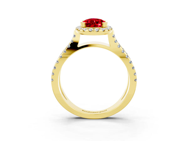 Yellow gold Pear Cut Ruby Halo Ring with Split Shank Pavé Band and Prong Setting