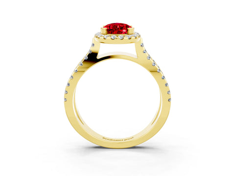 Yellow gold Pear Cut Ruby Halo Ring with Split Shank Pavé Band and Prong Setting_3