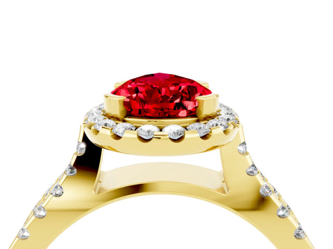 Yellow gold Pear Cut Ruby Halo Ring with Split Shank Pavé Band and Prong Setting_4