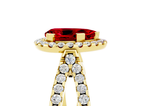 Yellow gold Pear Cut Ruby Halo Ring with Split Shank Pavé Band and Prong Setting_5
