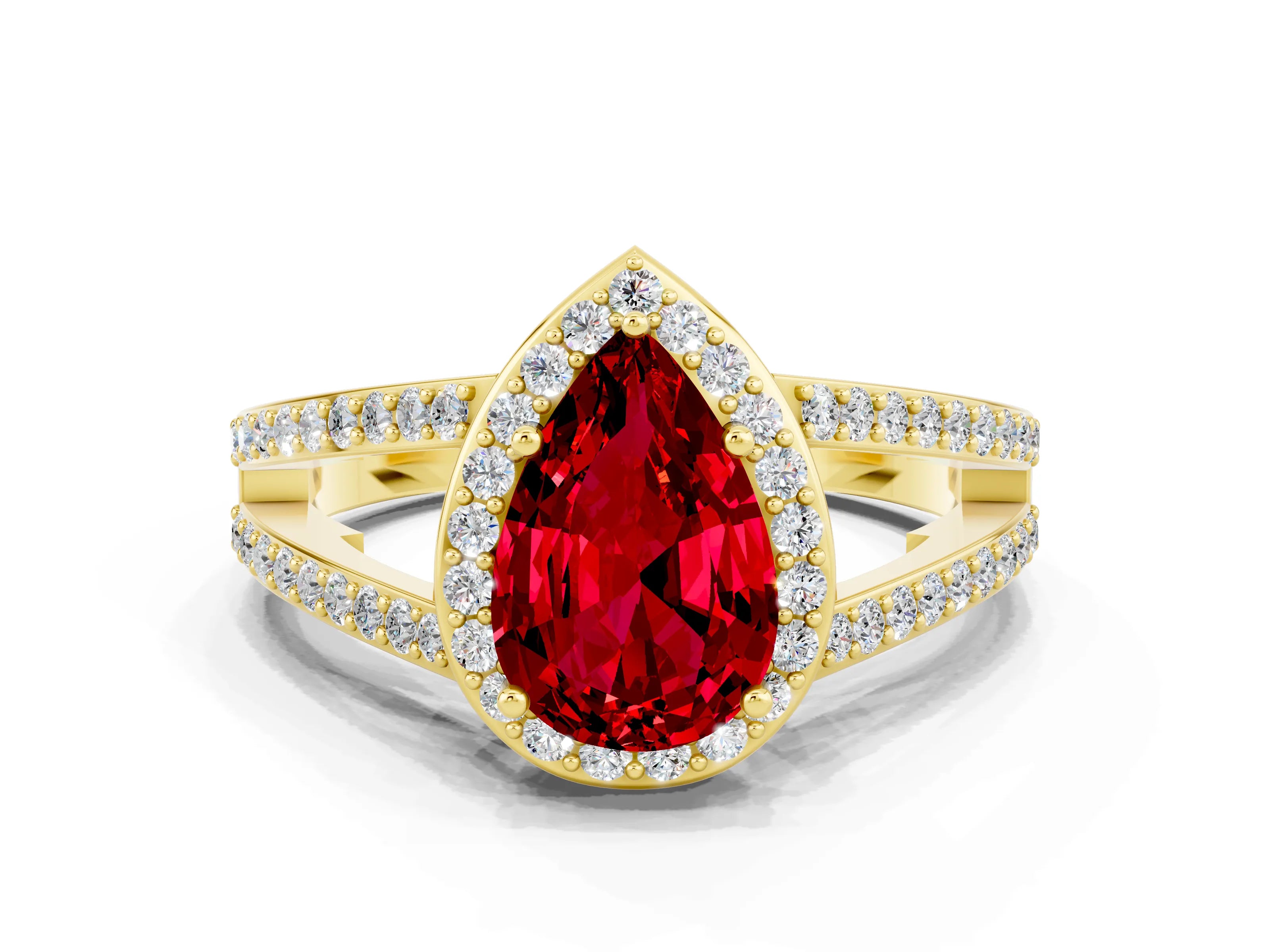 Yellow gold Pear Cut Ruby Halo Ring with Split Shank U-Prong Band and Four-Prong Setting