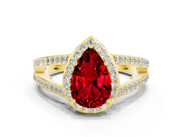 Yellow gold Pear Cut Ruby Halo Ring with Split Shank U-Prong Band and Four-Prong Setting