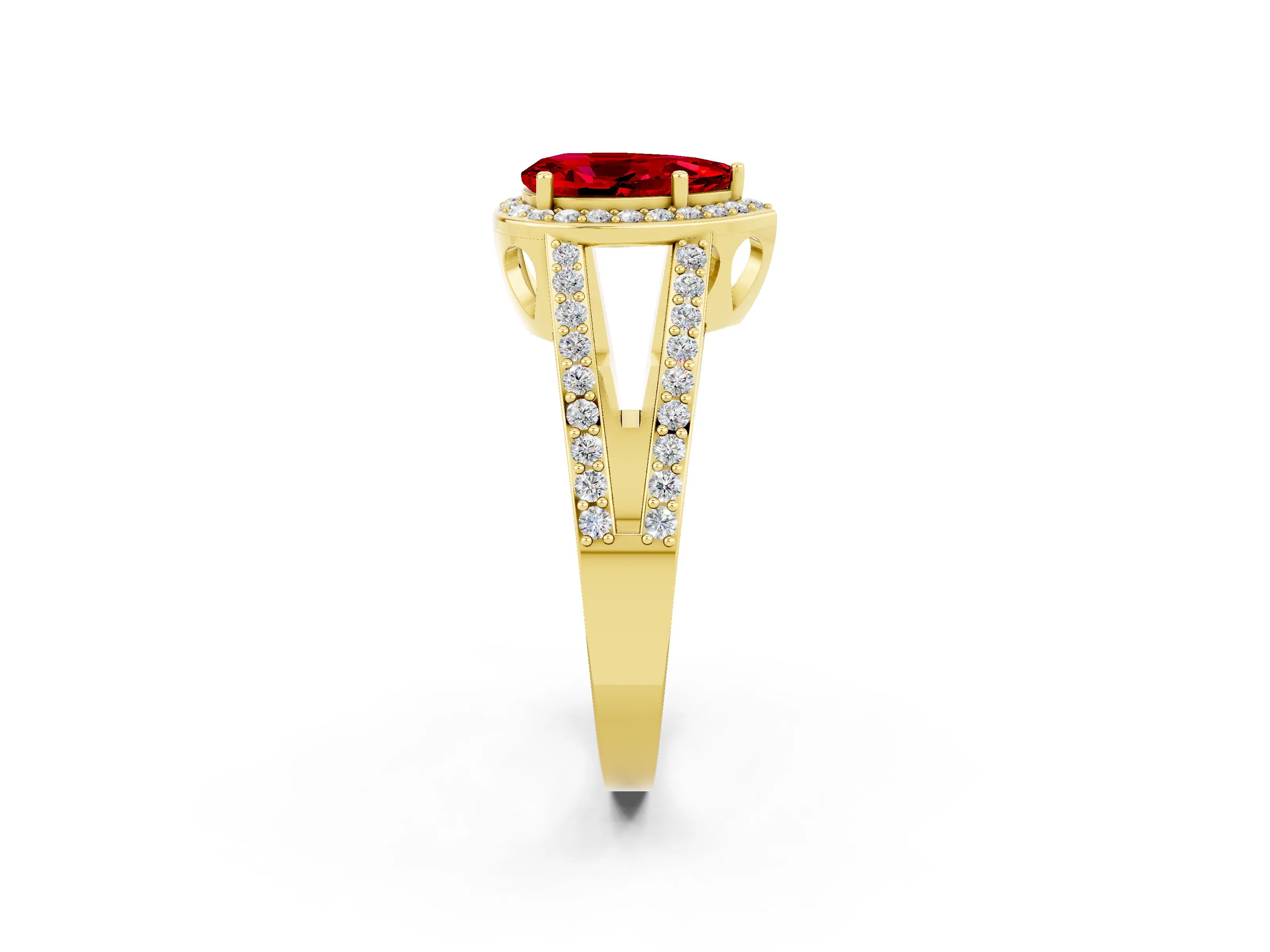Yellow gold Pear Cut Ruby Halo Ring with Split Shank U-Prong Band and Four-Prong Setting_2