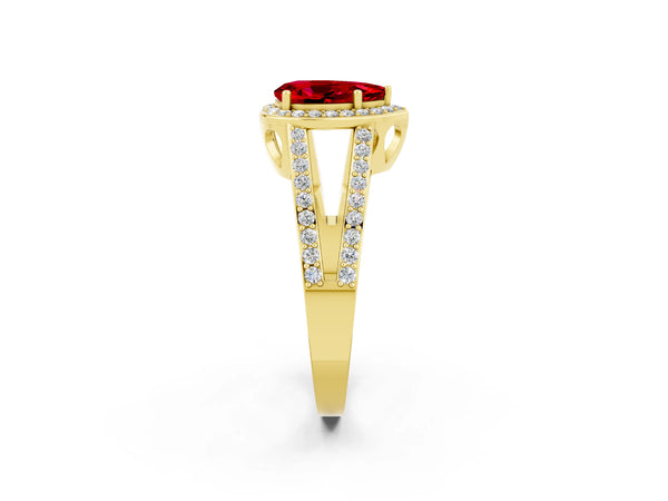 Yellow gold Pear Cut Ruby Halo Ring with Split Shank U-Prong Band and Four-Prong Setting