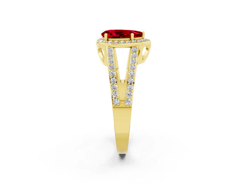 Yellow gold Pear Cut Ruby Halo Ring with Split Shank U-Prong Band and Four-Prong Setting_2
