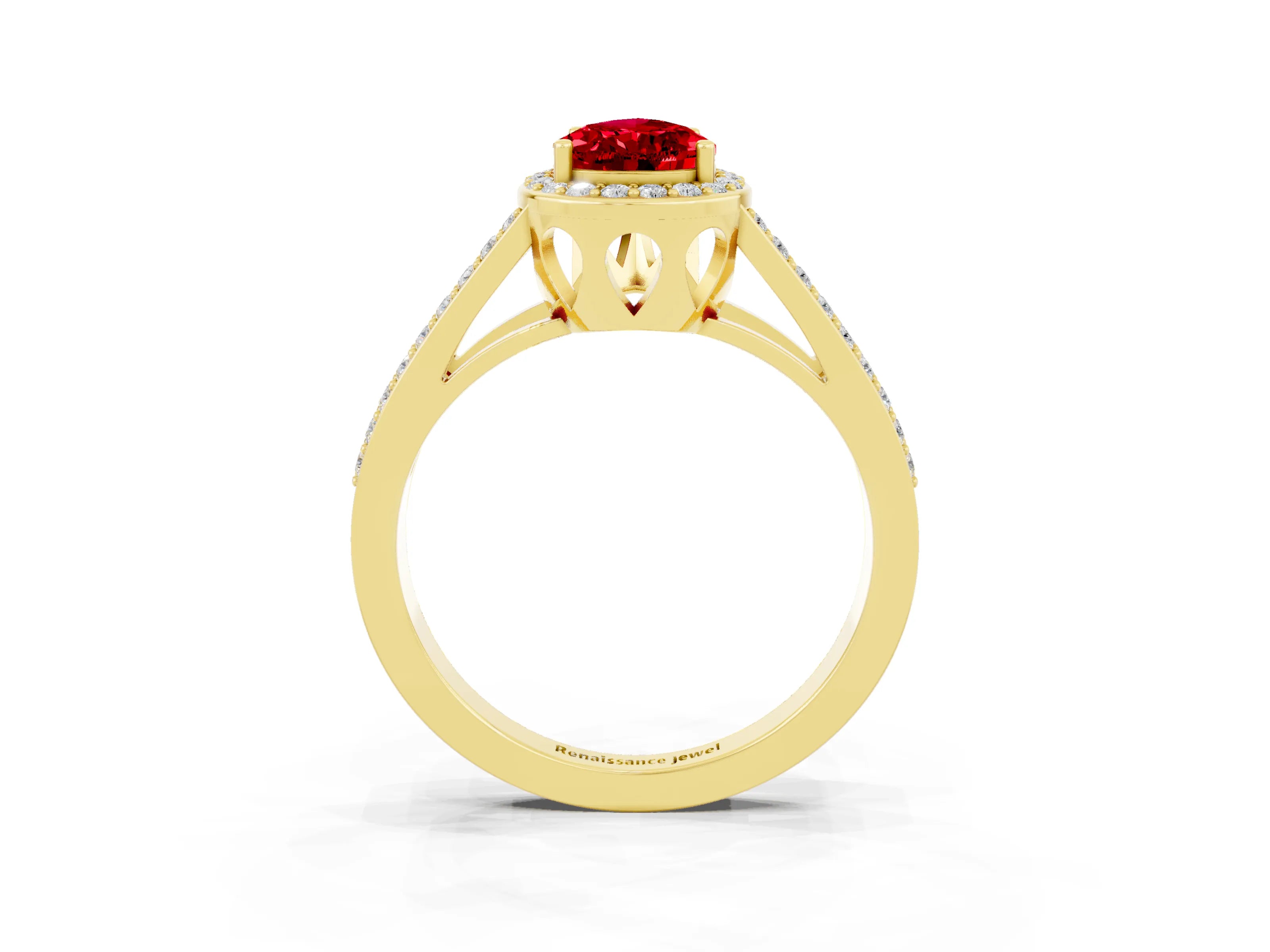 Yellow gold Pear Cut Ruby Halo Ring with Split Shank U-Prong Band and Four-Prong Setting_3
