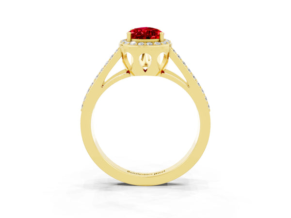 Yellow gold Pear Cut Ruby Halo Ring with Split Shank U-Prong Band and Four-Prong Setting