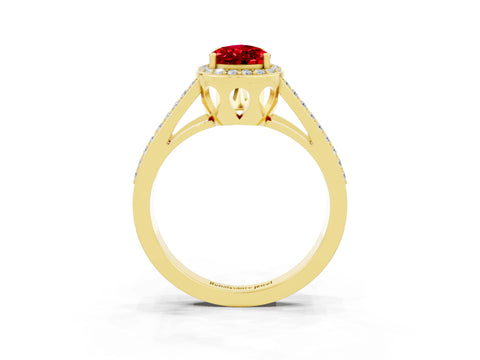 Yellow gold Pear Cut Ruby Halo Ring with Split Shank U-Prong Band and Four-Prong Setting_3