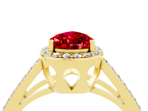 Yellow gold Pear Cut Ruby Halo Ring with Split Shank U-Prong Band and Four-Prong Setting_4